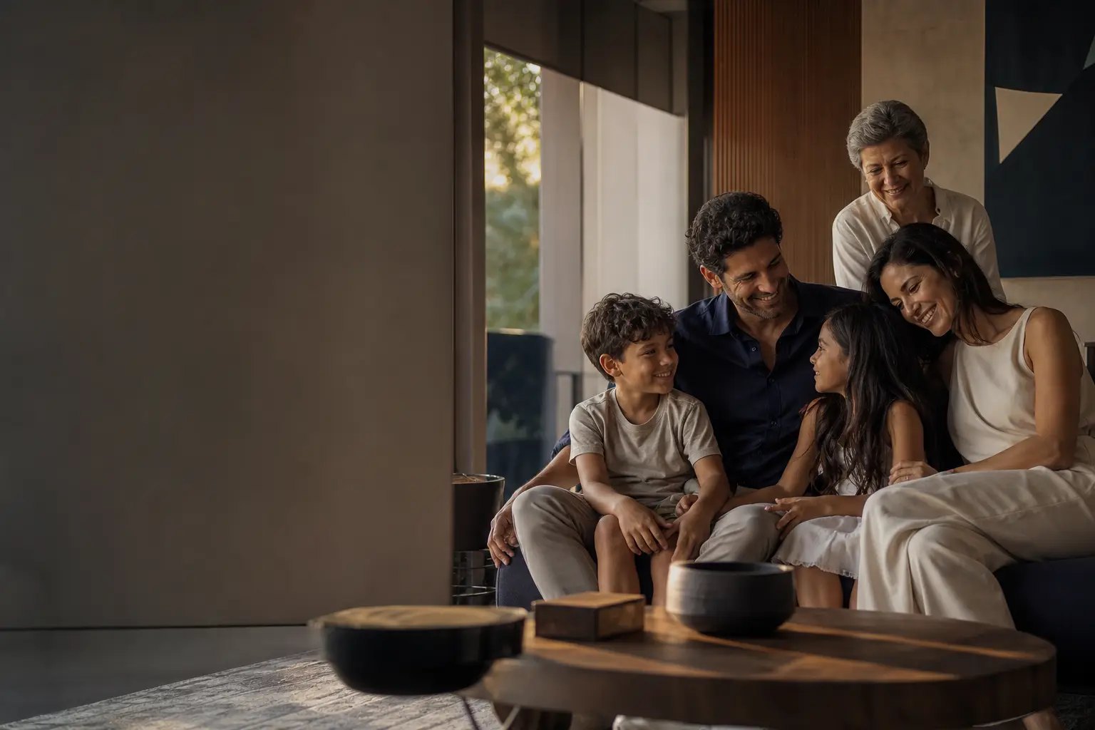 Família reunida em casa, representando tempo, proteção e construção de legado.