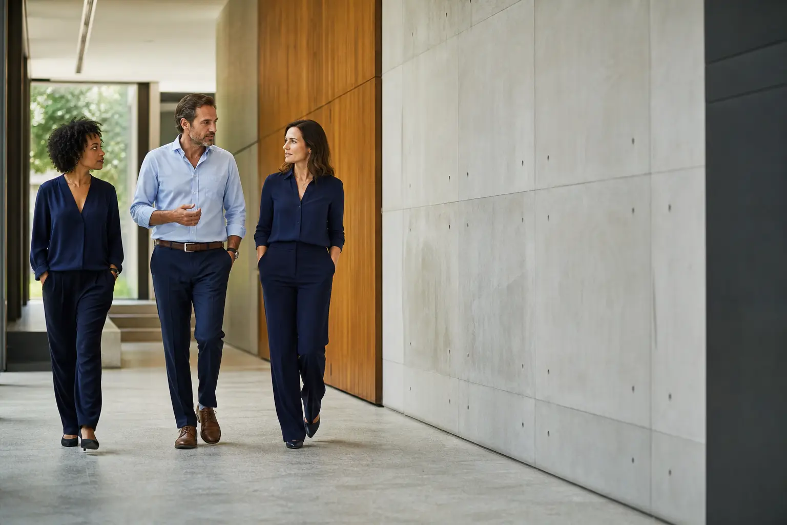 Lideranças caminham juntas em uma empresa contemporânea após uma decisão estratégica.