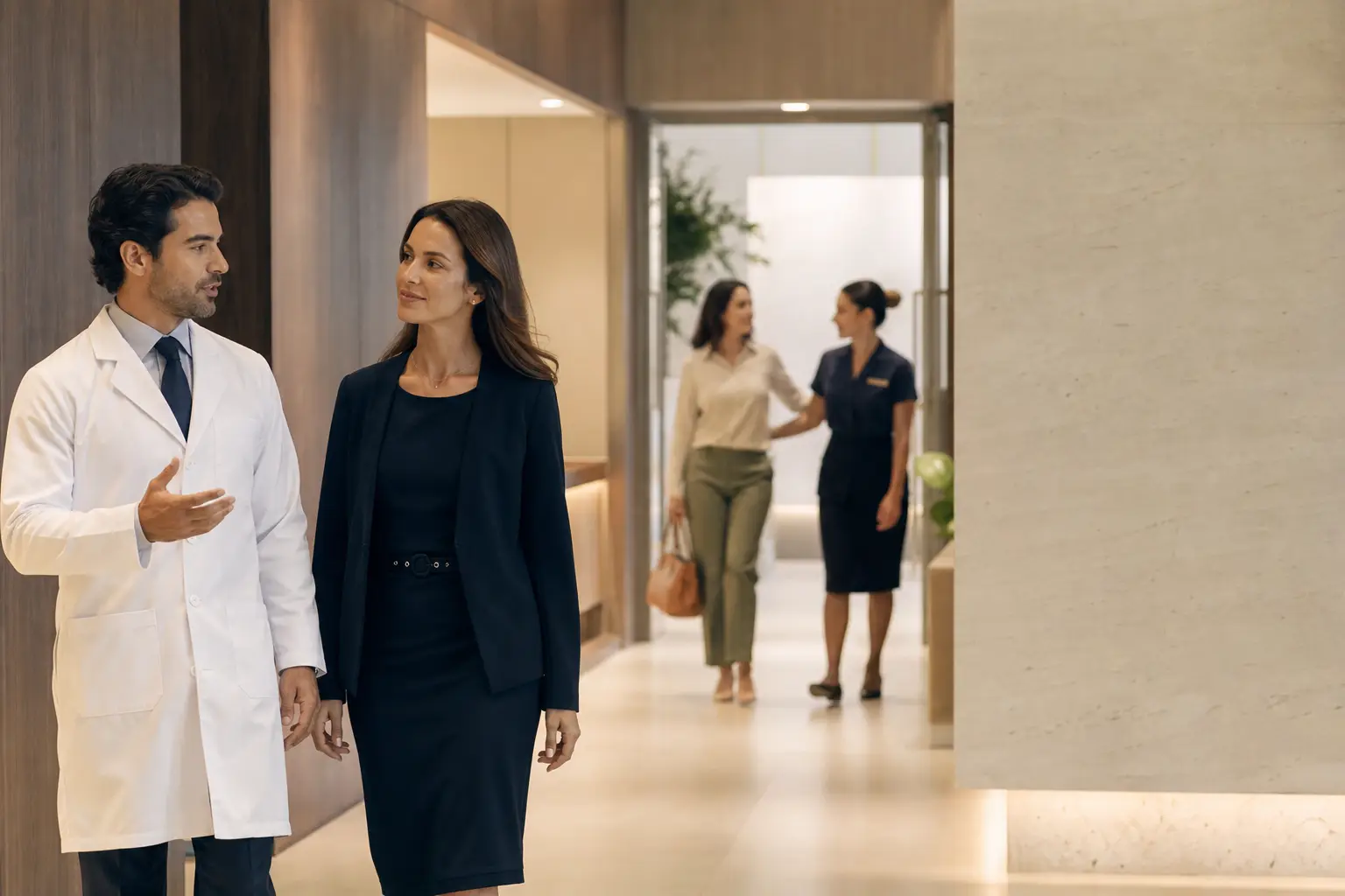 Médico e gestora percorrem uma clínica organizada enquanto uma paciente é acolhida pela equipe.